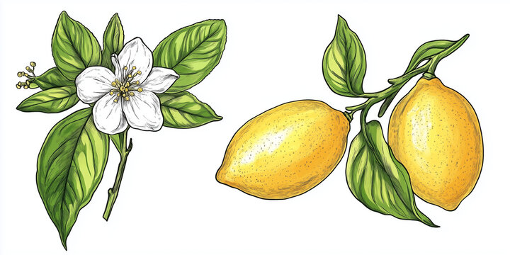 Hand drawn lemon. Vintage lime orange or lemon fruits blossom and branches for juice label. Vector black ink outline food sketch illustrations with juicy piece and peel fruit for health fresh drinks