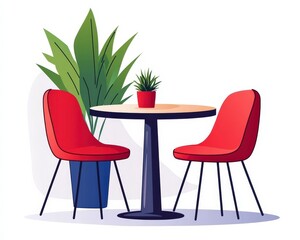 Cozy Modern Dining Space with Red Chairs and Green Plants