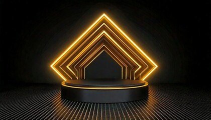 Obraz premium 3D rendered black product stand with yellow neon lights.