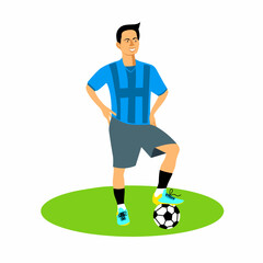 Graphic vector illustration of football player standing in blue jersey posing on grass field preparing to kick off. Perfect for football sport event theme.