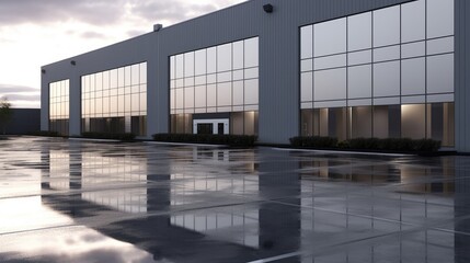 Obraz premium Modern Industrial Building Reflection: A sleek, contemporary industrial building with expansive glass windows is beautifully reflected in a wet, polished concrete plaza after a rain shower.
