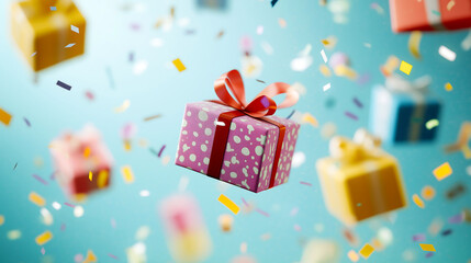 Fototapeta premium Colorful gift box flying against a pastel colored background, Colorful gift box in the air with confetti