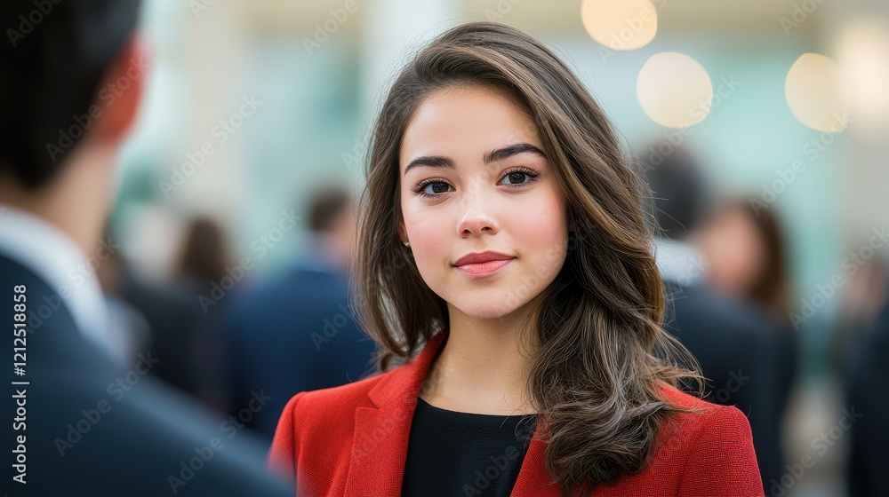 Poster extrovert social networking concept, confident woman engaging in networking conversations at a job f