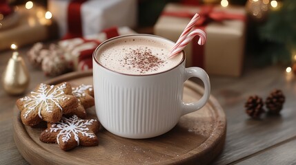Cozy festive setup featuring hot chocolate topped with spices served with candy canes and gingerbread cookies all surrounded by holiday gifts
