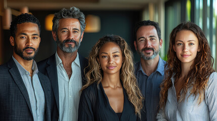 Fototapeta premium A professional and inspiring representation of diversity and teamwork in a modern office setting. A diverse group of coworkers are standing side by side, touching forearms gently instead of linking ha