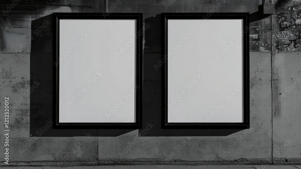 Poster two black frames with blank white paper inside on a concrete wall, ideal for displaying art or promo
