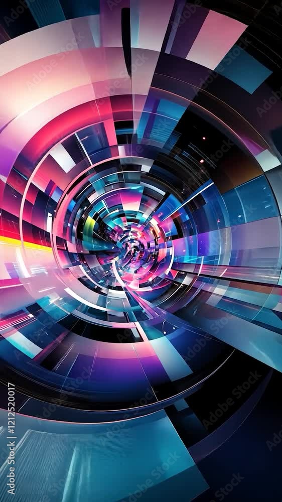 Poster vibrant geometric shapes rotating within circular tunnel, generating mesmerizing visual landscape wi