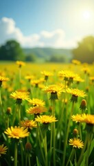 Obraz premium Sunlit field, hundreds of yellow dandelions blooming , beautiful, field
