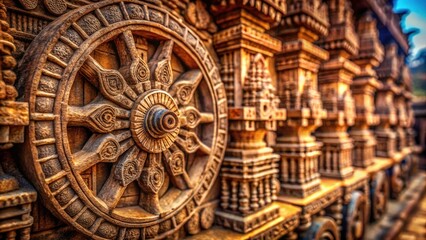 Fototapeta premium Tilt-shift photography transforms Konark Sun Temple's intricate wheel, showcasing Odisha's ancient stone carving artistry in miniature.