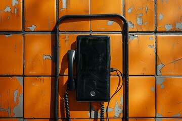 Old telephone is mounted on a weathered orange tile wall, representing outdated technology and a bygone era