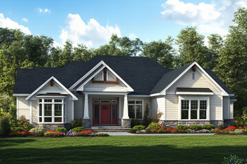 Beautiful residential home with vibrant landscaping, featuring a charming porch, colorful flowers, and lush greenery in a serene neighborhood setting