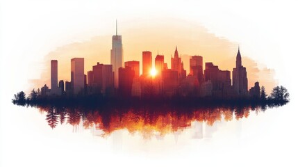 Obraz premium Vibrant city silhouette at sunset with double exposure effect