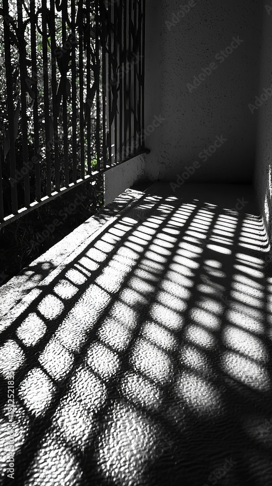 Poster Soft sunlight filters through a patterned metal railing, casting a mesmerizing arrangement of shadows. The interplay of light and dark creates a serene atmosphere in a quiet space