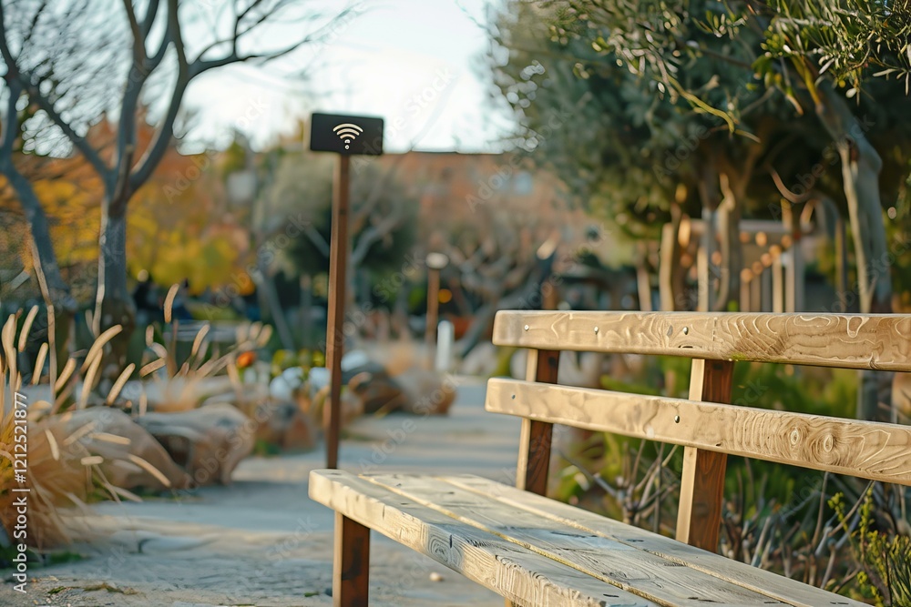 Poster empty wooden bench standing in a public park with a wifi sign in the background