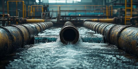 Industrial water pipes in a dimly lit factory setting, showcasing urban decay. Ideal for environmental, industrial, and architectural projects.