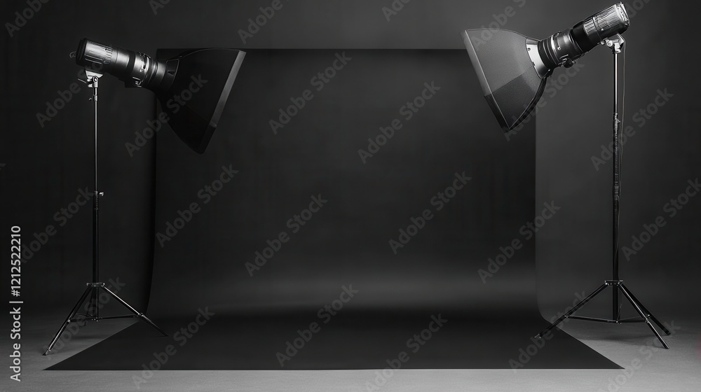 Poster black backdrop illuminated by two bright studio lights creating a dramatic lighting effect
