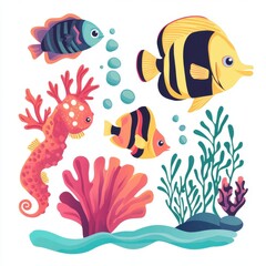 Naklejka premium Vibrant tropical fish and seahorse design on coral reef ocean waves digital art clean aesthetic