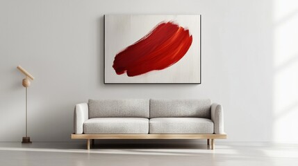 A red brush stroke painting is hanging on a white wall