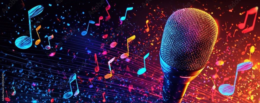 Aufkleber vibrant 3d microphone with colorful musical notes on a dynamic background