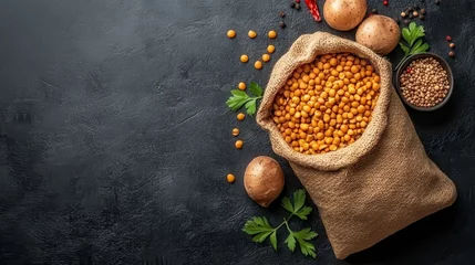 Dried Yellow Split Peas in Burlap Sack with Spices and Vegetables © A4719