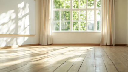 Sunlit spacious empty room with wooden floor and large window, bright interior design concept
