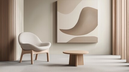 Fototapeta premium A white chair sits in front of a large abstract painting