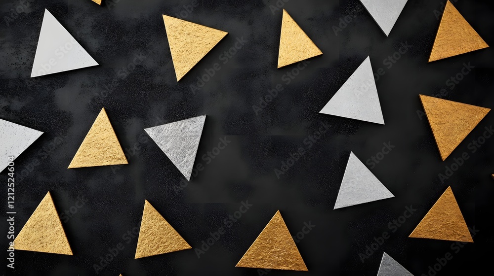 Poster scattered metallic triangles on dark matte background in minimalist design