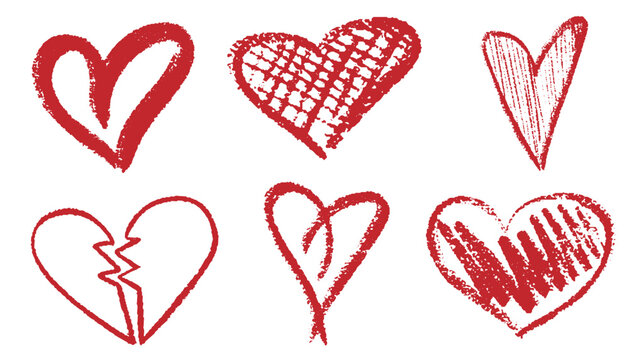 Charcoal hearts set. Pencil or charcoal drawings different love broken heart shape. Chalk drawn sketch for Valentines Day and romantic. Vector kit of textural crayon drawings of simple shapes.