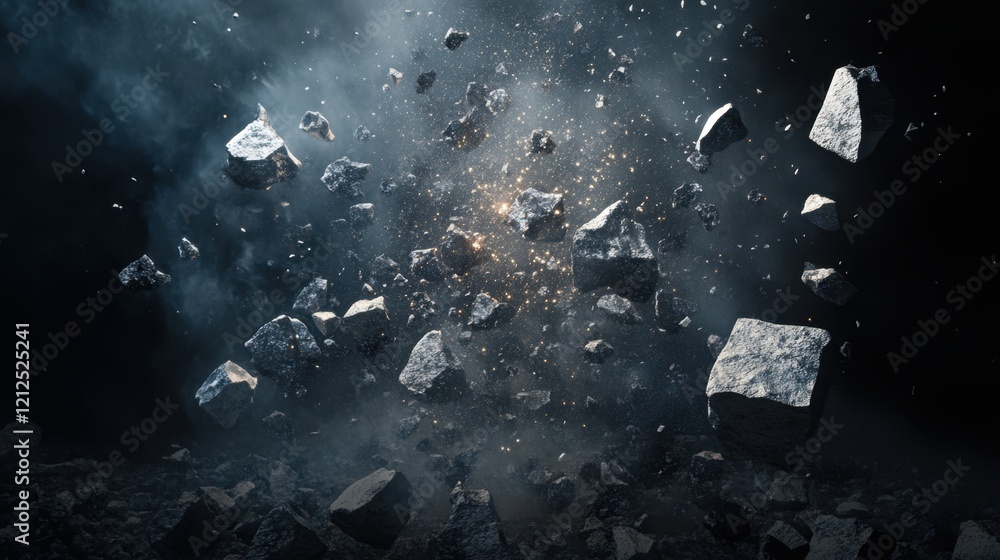 Poster dynamic explosion of rocks in a dark and atmospheric environment
