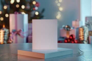 Blank Display Card on Gift Table in Soft Holiday Atmosphere