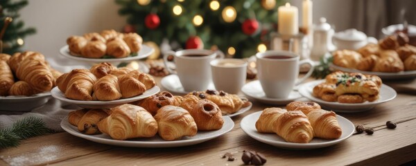 Naklejka premium Christmas morning breakfast spread with festive pastries and coffee , cozy atmosphere, festive treats, colorful pastries