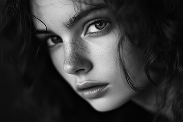 Fototapeta premium a monochromatic close-up portrait of a young woman with delicate freckles, soft and expressive eyes, her hair slightly messy and framing her face, intricate skin texture, smooth gradients 