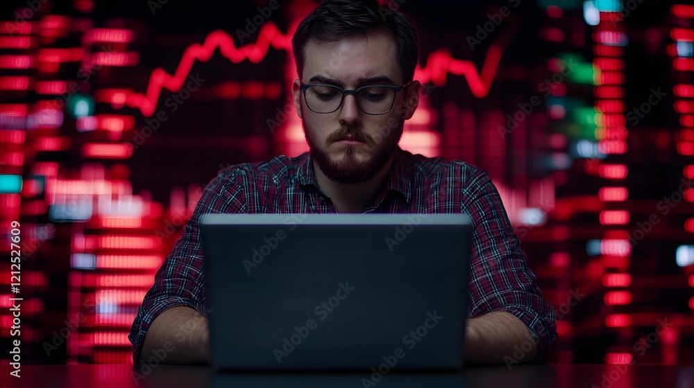 Aufkleber man using laptop with glowing financial graphs on dark tech background for financial technology
