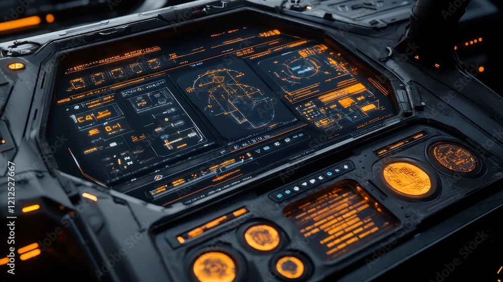 Poster Futuristic Spaceship Control Panel Interface Sci Fi HUD Display with Orange Glowing Digital Screens