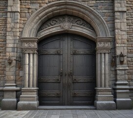 Church with a large stone door and ornate hardware, sacred, church