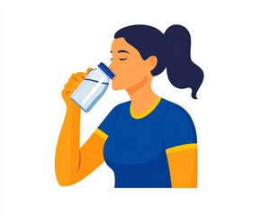 Young Woman Enjoys Refreshing Drink from Glass Jar in Blue Shirt