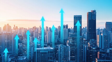 Obraz premium Urban Skyline with Growth Arrows Illustrating Business Success