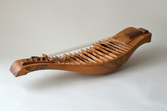 Beautiful handcrafted wooden string instrument laying on a white background