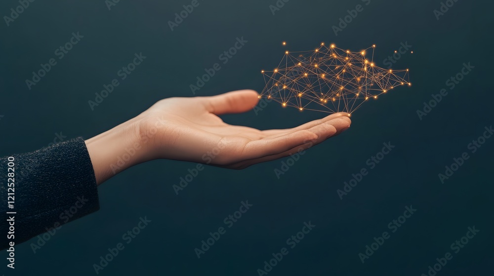 Aufkleber holographic global networks emerging from a hand on smooth technological background