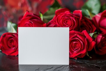 Blank Card Surrounded by Beautiful Red Roses on Dark Background