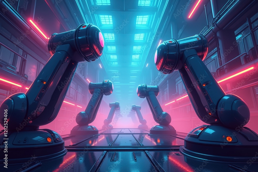 Poster futuristic industrial robots in neon lighted factory environment featuring advanced technology and a