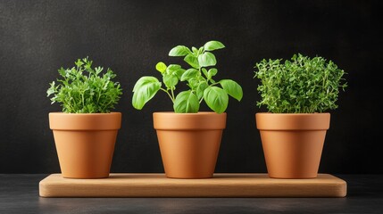 Fototapeta premium Italian fresh herb garden with basil, parsley, and oregano in terracotta pots, set against a rustic wall