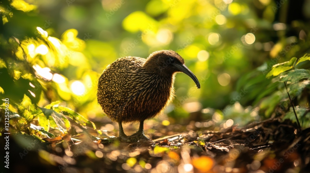 Poster elegant bird in lush green forest with soft bokeh background