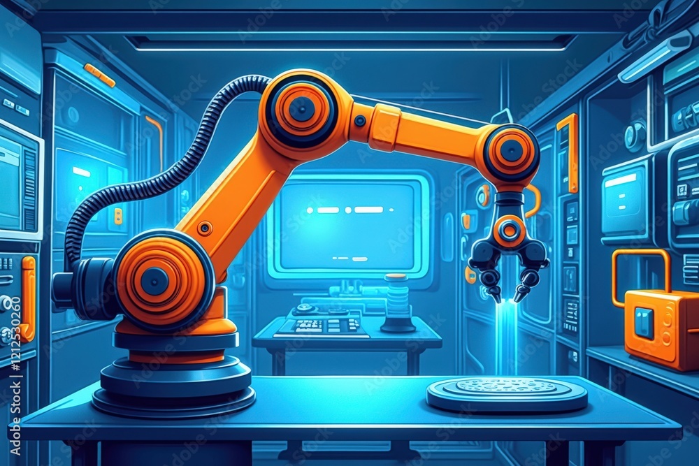 Poster futuristic robotic arm in high-tech industrial setting, showcasing advanced automation and precision