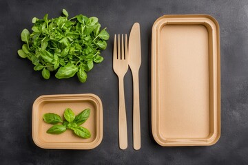 Food recycling: Eco-friendly sustainable packaging. Eco-friendly utensils with fresh herbs on a dark background.
