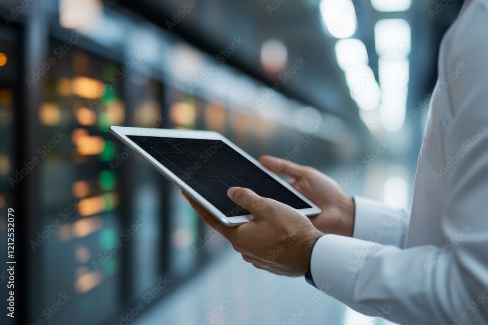 Poster professional using tablet to monitor servers in a modern data center during the day