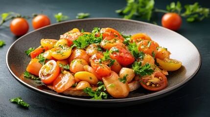 Vibrant Italian-style tomato bruschetta with golden cherry tomatoes, served with balsamic glaze on a rustic plate