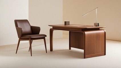 Fototapeta premium A minimalist mid-century desk with clean lines and a leather office chair, in a workspace