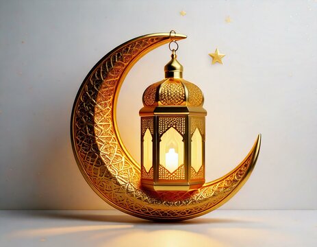 Gold crescent moon and arabic lantern on white background