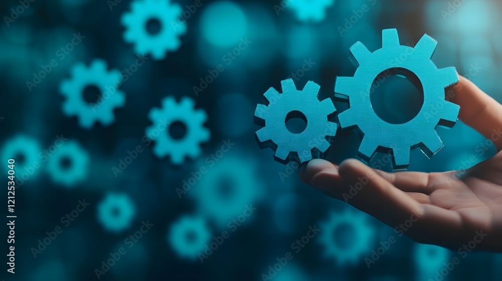 Poster holographic gears in hand representing efficiency on futuristic tech background